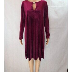 New MARINA Women's (M) Burgundy Velvet Long Sleeve Shift Knee Length Dress